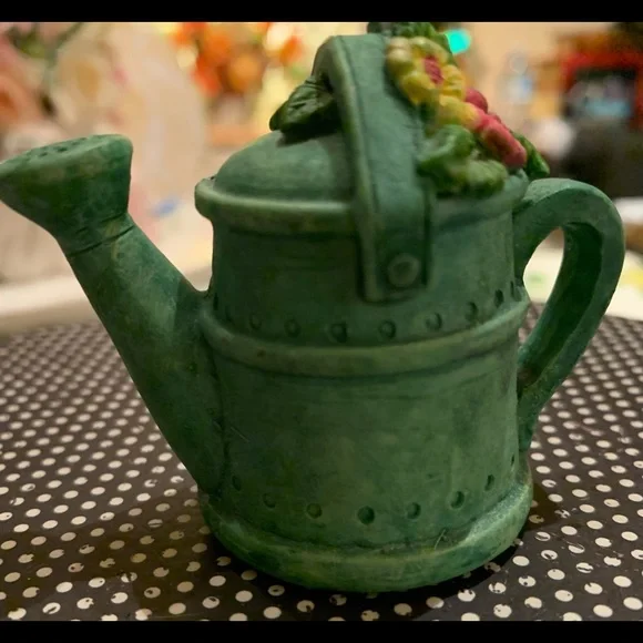 Candle Snuffer w Brass Interior Green Watering Can Topped with Flowers 2 1/2 “ - Picture 5 of 10